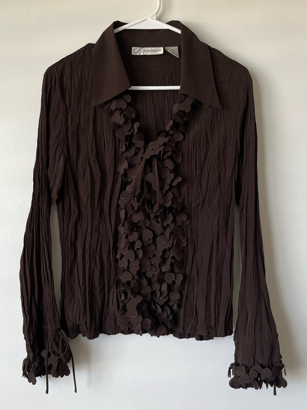 dressbarn Dark Brown Floral Appliqué Ruffle-Front Blouse